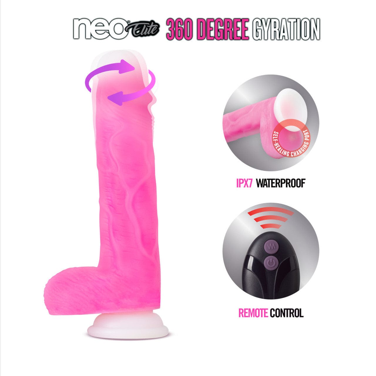 Blush Novelties - Neo Elite Roxy 360 Degree Gyrating Vibrating Realistic Dildo with Balls 8.5" (Pink)